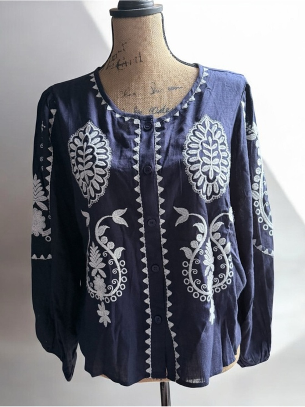 Solitaire Navy Button-Front Shirt with White Embroidery blouse